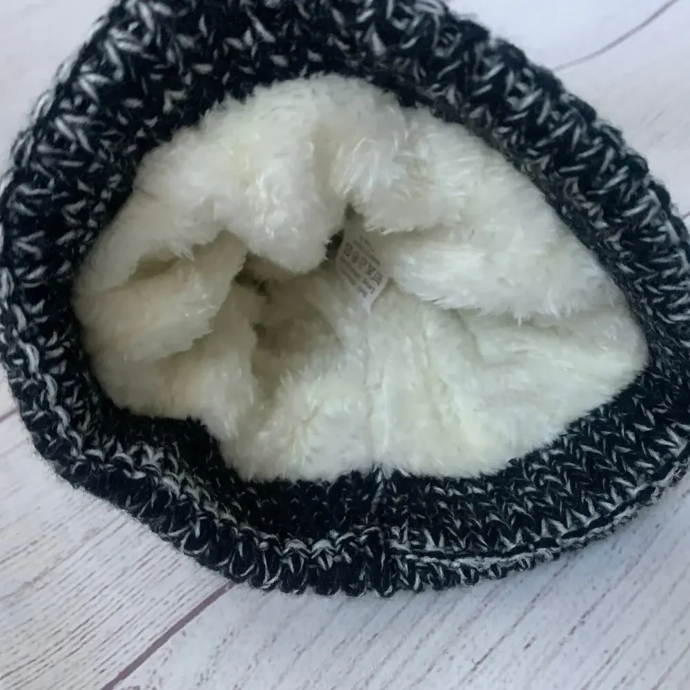 Kids Black and White Stocking Hat with Pom Folded Cuff Fleece Interior Small